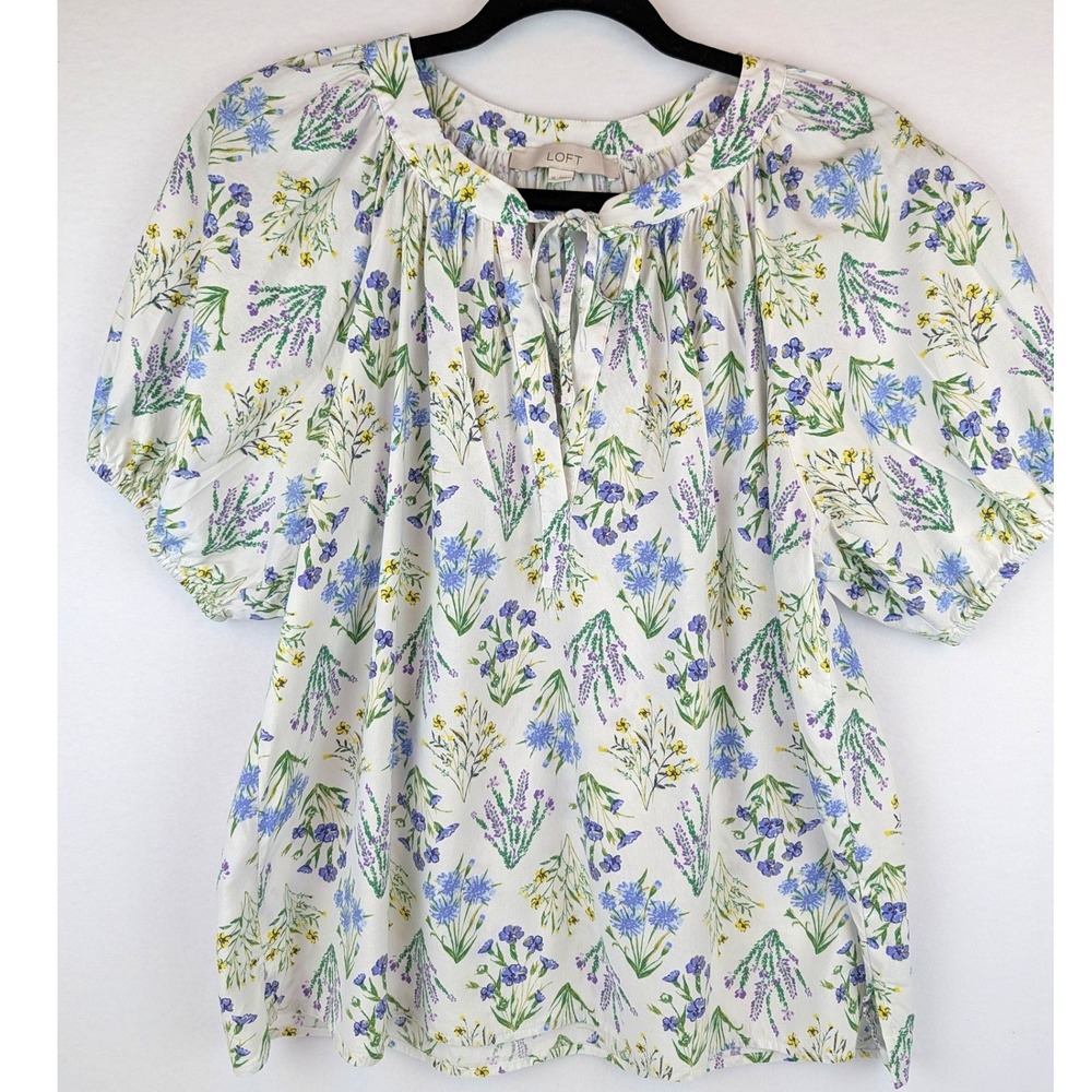 LOFT Blue Floral Dobby Stripe Smocked Puff Sleeve Blouse Top Medium Bundle of 2 - Picture 10 of 16